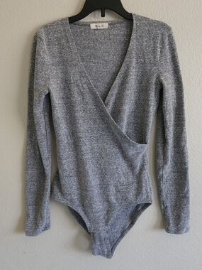 Madewell Wrap Thong Bodysuit Grey Heathered Long Sleeve Size Small